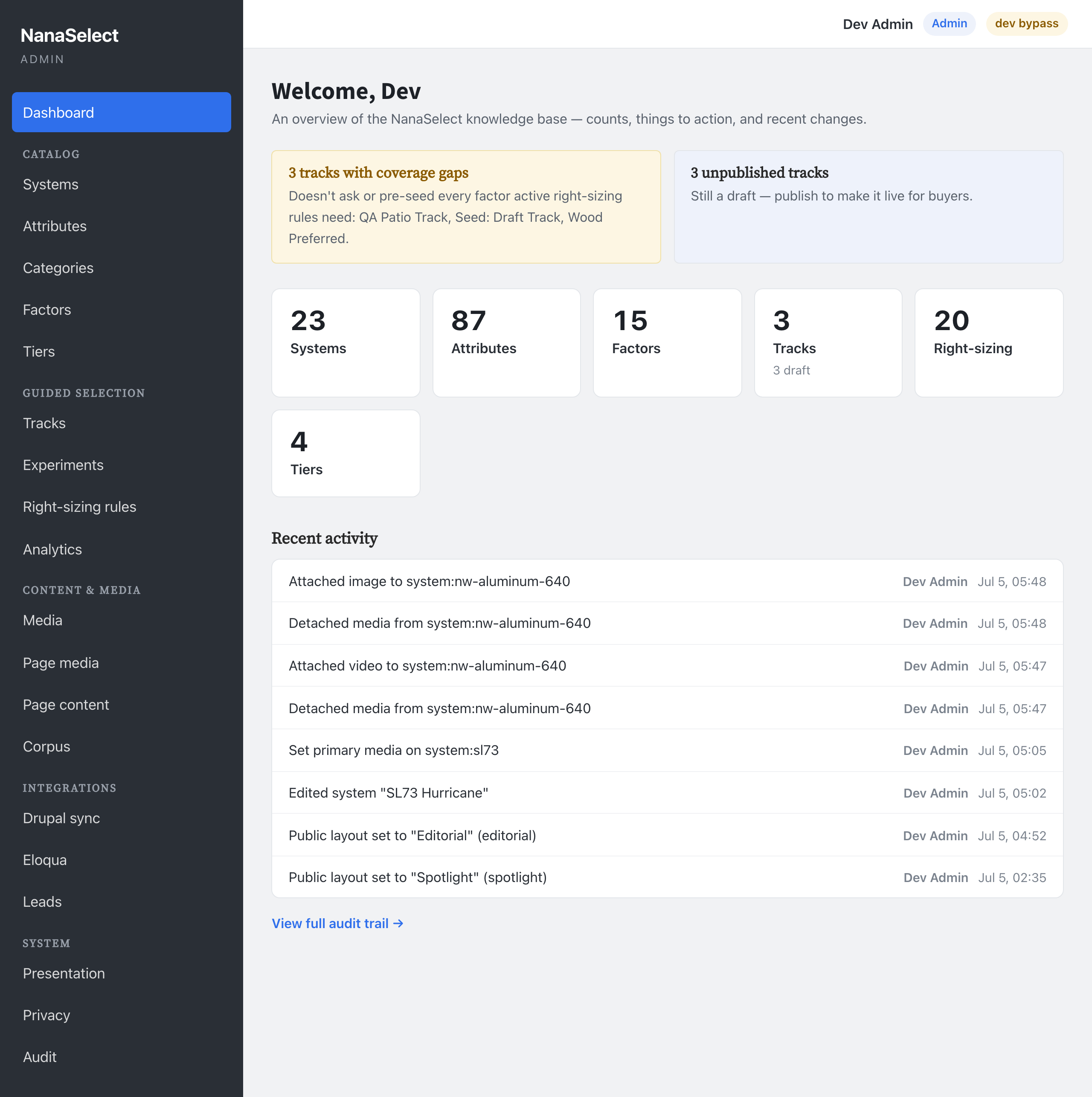 The NanaSelect admin dashboard: left-hand navigation, counts for Systems, Attributes, Factors, Tracks, Right-sizing and Tiers, and a recent-activity feed.