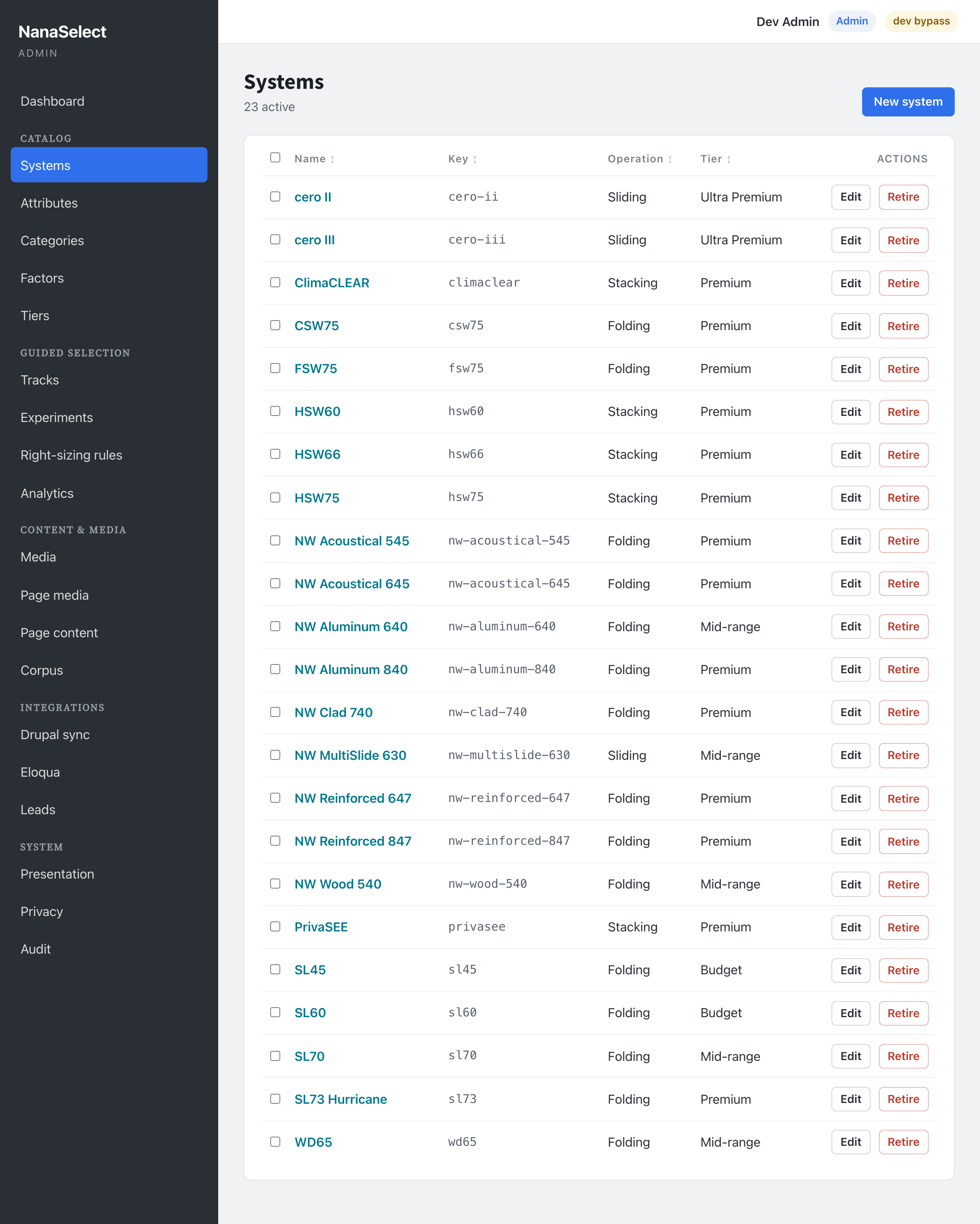 The Systems catalogue — each row is a NanaWall system with its key, operation type and tier, plus Edit and Retire actions.