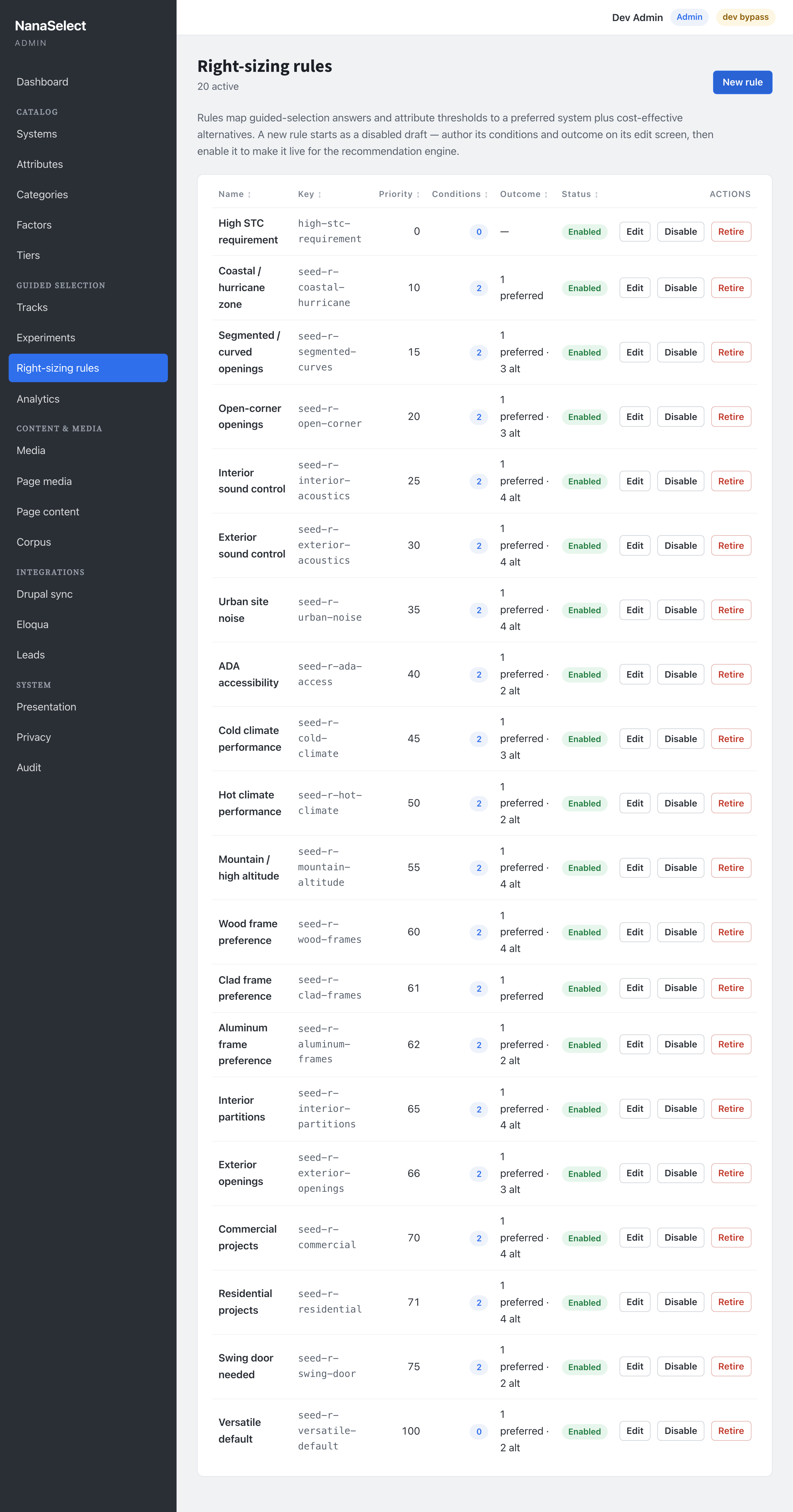 The Right-sizing rules screen, mapping factor answers to systems and tiers.