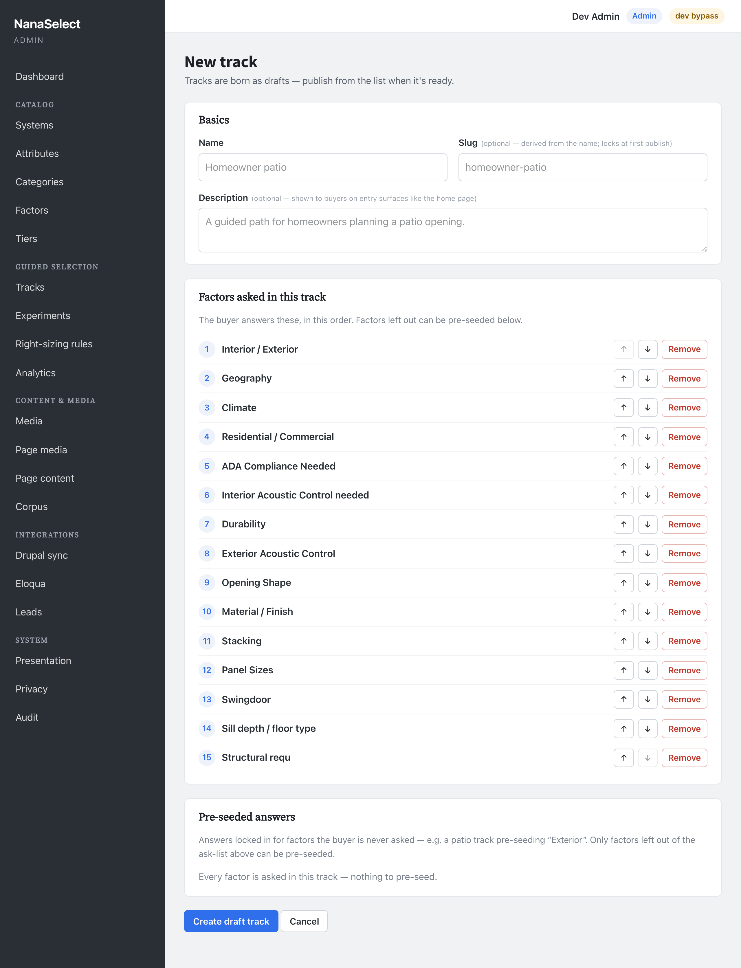 The "New track" form: a Name field and a "Create draft track" button.